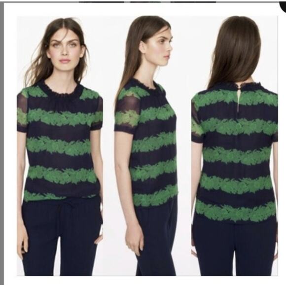 J.Crew Ruffle Crew Neck Top WMN 4 Navy Blue/Green Beanstalk Stripe A9171 Blouse - Picture 3 of 11